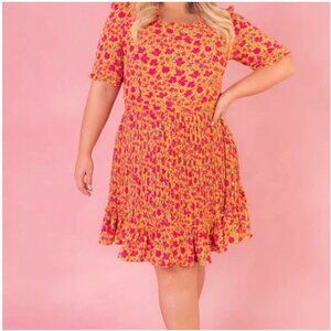 EUC Ivy City Co Bright Orange Pink Floral Pleated Dress Knee Length Women's 8
